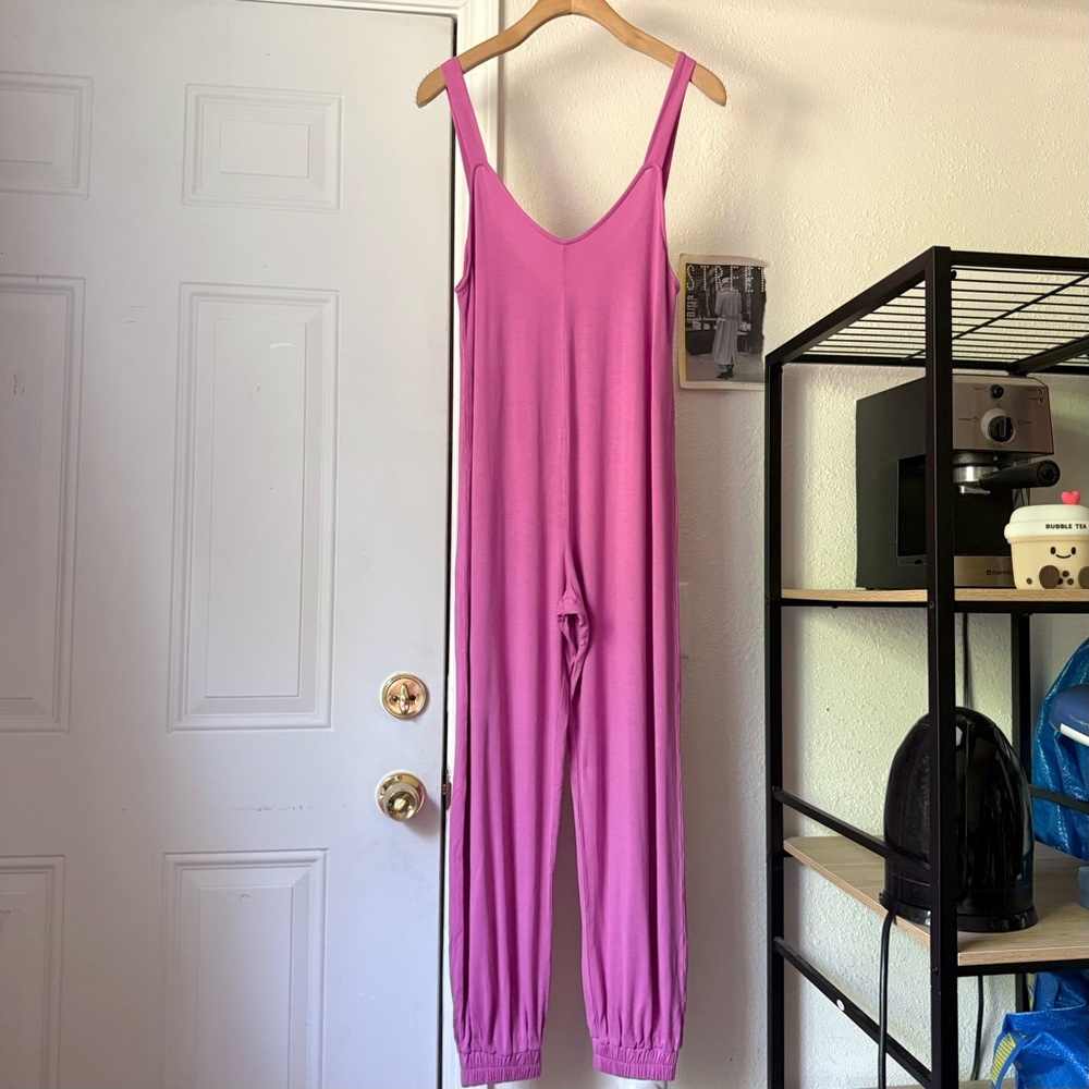 MONUIT pink viscose stretchy scoop‎ sleeveless knit jogger cropped jumpsuit